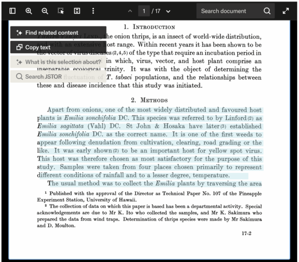 A screenshot of a scientific article open in JSTOR’s PDF viewer, showing that selecting a phrase and triggering a research tool action is now faster and more intuitive.